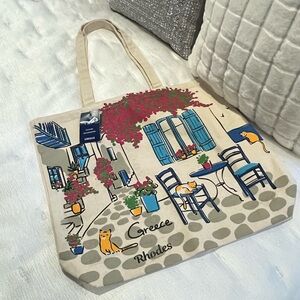 Greece Rhodes large beige thick Canvas Illustrated Tote Bag